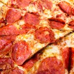 A pepperoni pizza is shown.